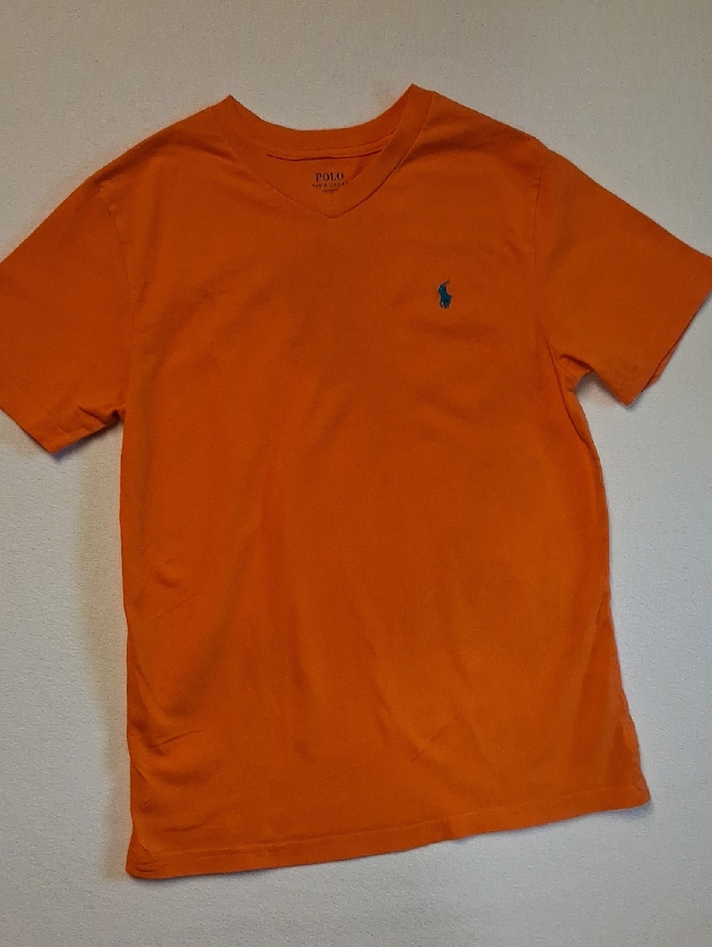 Polo by Ralph Lauren Bright Orange Crewneck Tee with Navy Print Size 10-12